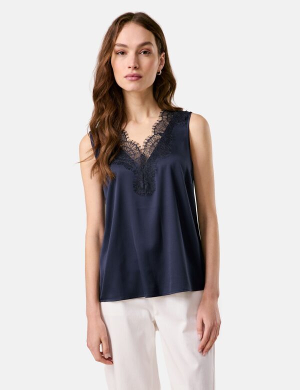 TAI NAVY LACE TRIM V NECK TOP